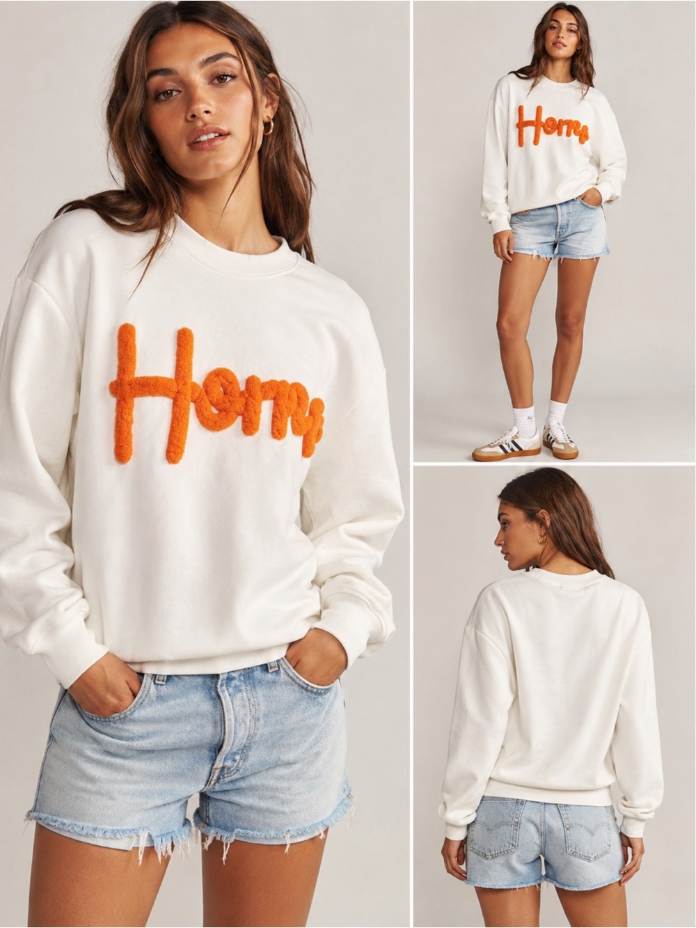 Vango “Horns” Textured Crewneck Sweatshirt White Orange Size M
